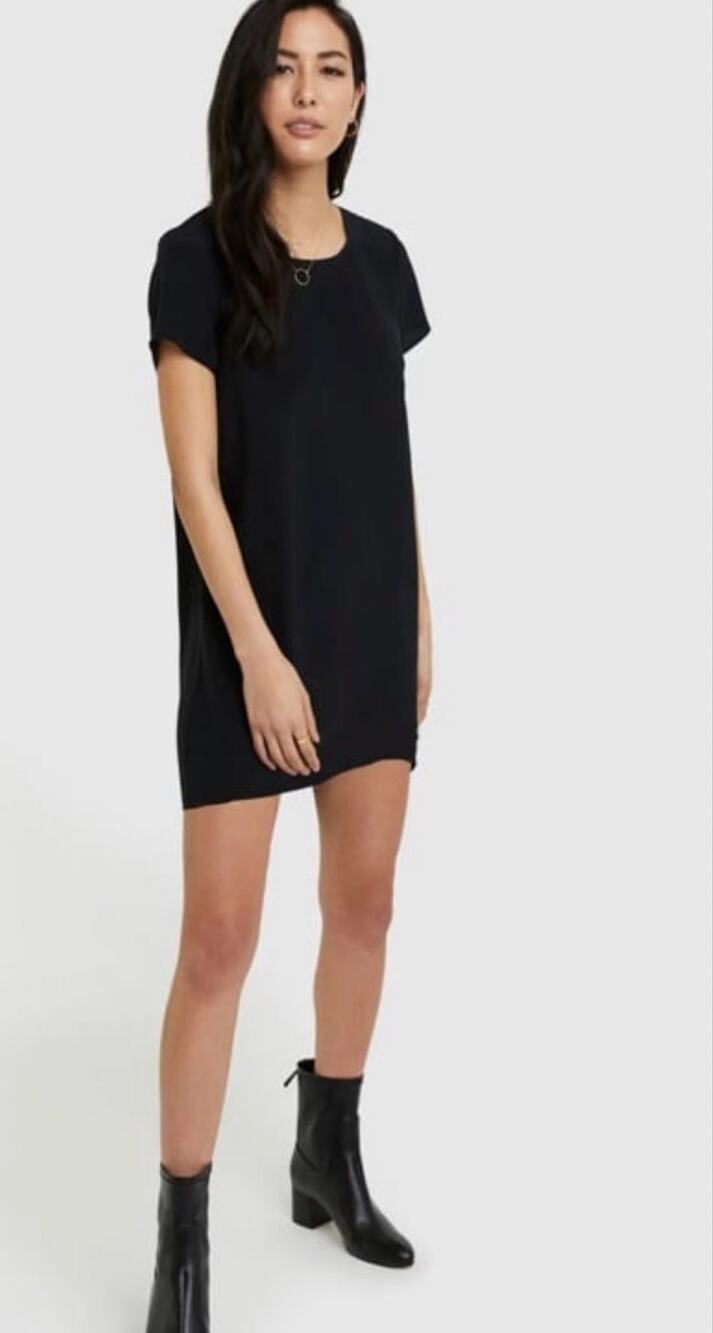 Quince Washable Stretch Silk Tee Dress in Black Size Large